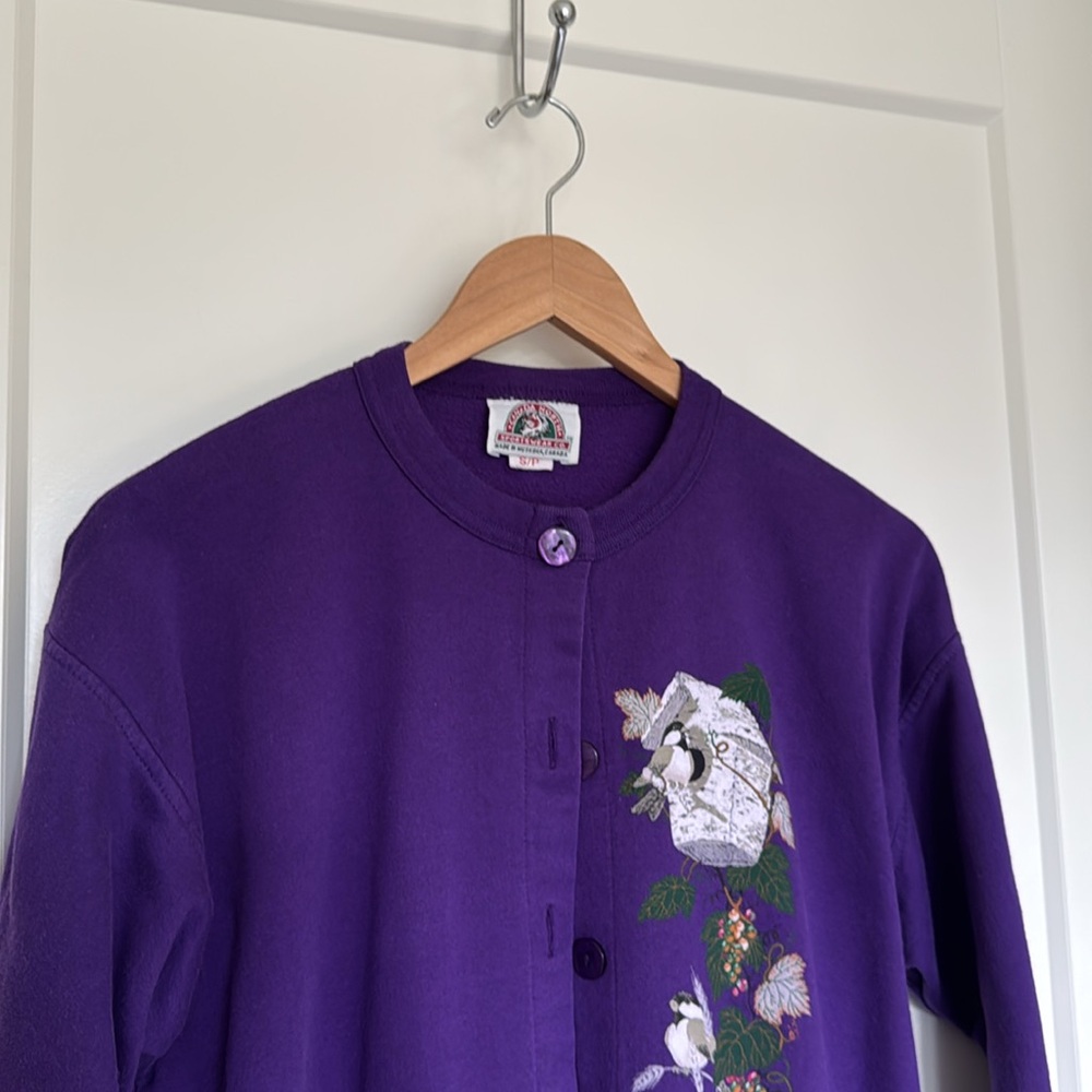 Purple Women's Cardigan with Floral Bird Graphic
